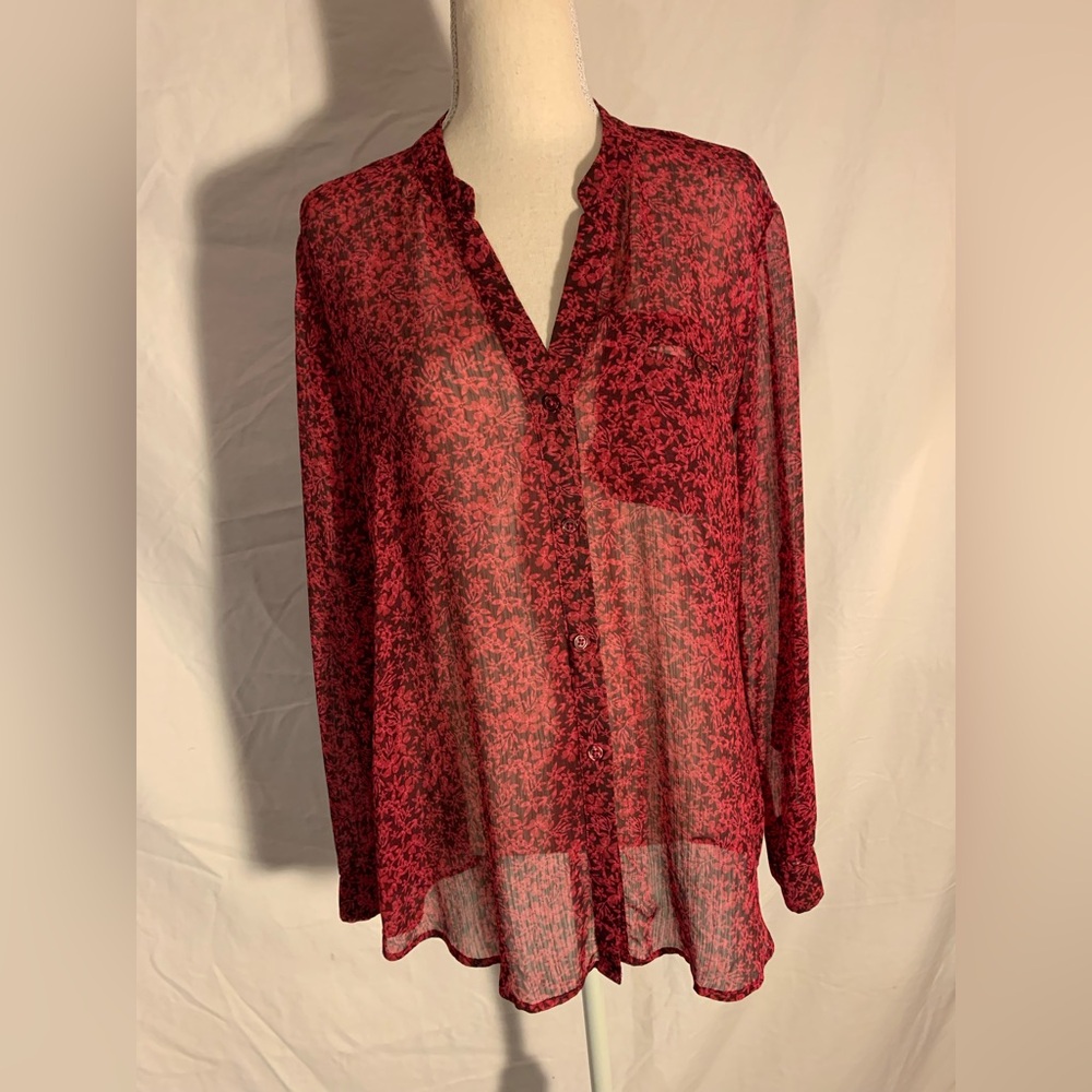 Kut From the Kloth Semi-Sheer button-down blouse red ground with black flowers